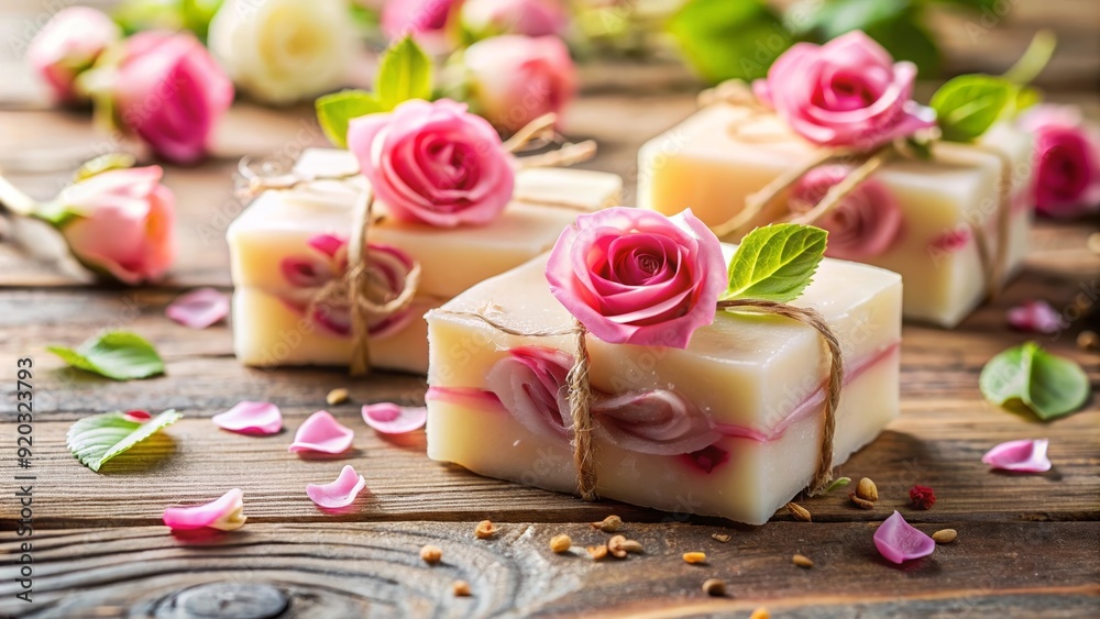 Close-up shot of handmade soap bars adorned with delicate rose and floral decorations for a spa and wellness concept Close-up shot of handmade soap bars adorned with delicate rose and floral decorations for a spa and wellness concept