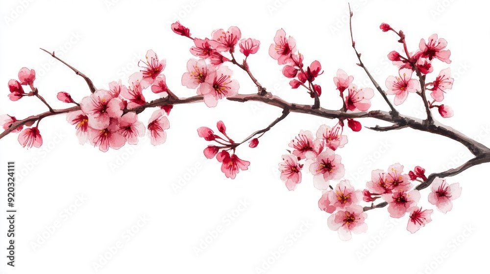 Watercolor painting of a blooming cherry blossom branch. Watercolor painting of a blooming cherry blossom branch.