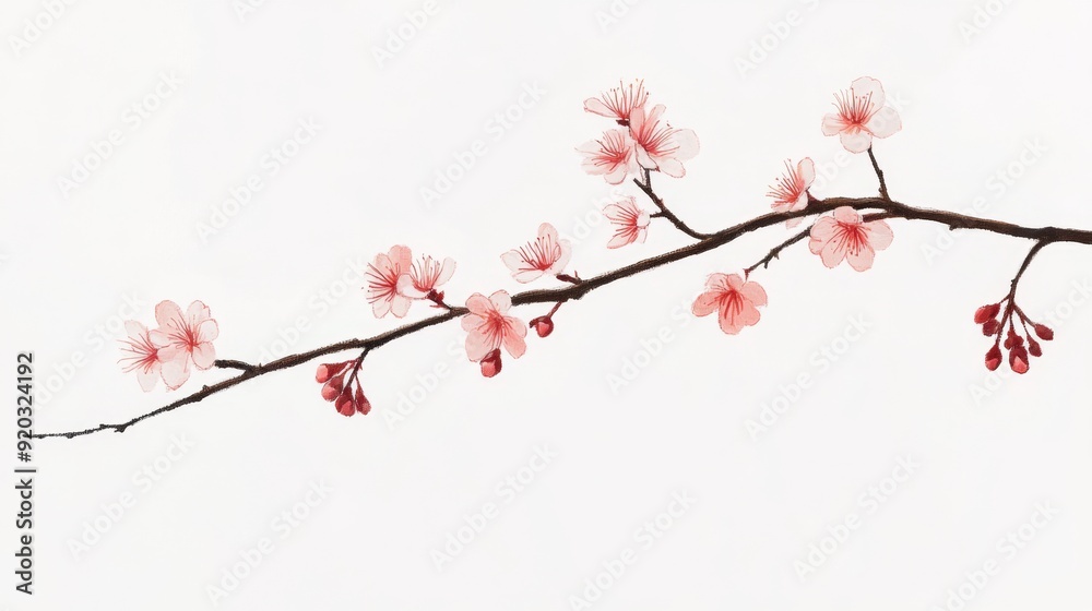 Watercolor painting of a delicate pink cherry blossom branch with buds on a white background. Watercolor painting of a delicate pink cherry blossom branch with buds on a white background.