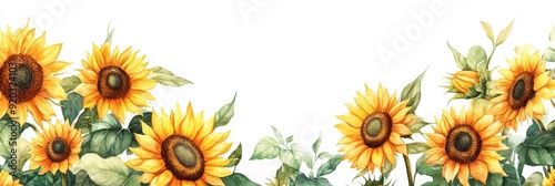 Watercolor painting of a beautiful sunflower border with green leaves on a white background.