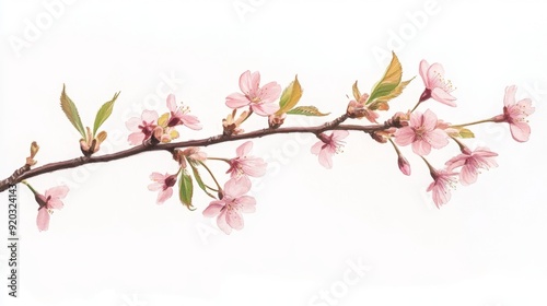 Watercolor Painting of a Branch of Pink Cherry Blossoms.