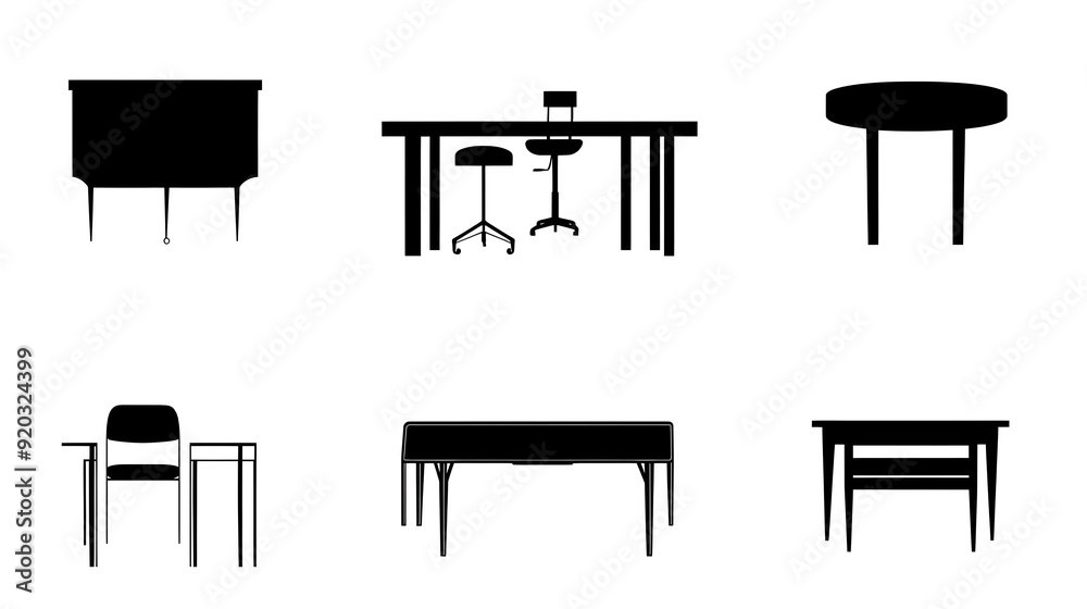A collection of various table designs and styles in silhouette form.