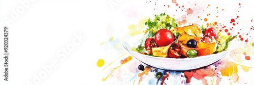 Watercolor painting of a salad with tomatoes, lettuce, and olives on a white plate with splashes of color in the background.
