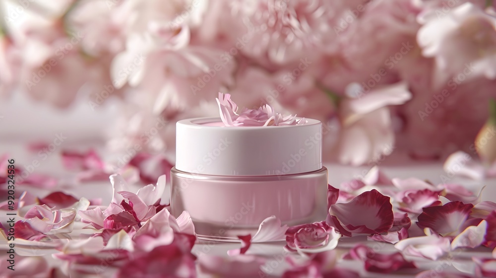 Cosmetic Jar with Flower Petals: A cosmetic jar surrounded by flowing flower petals in the background.
