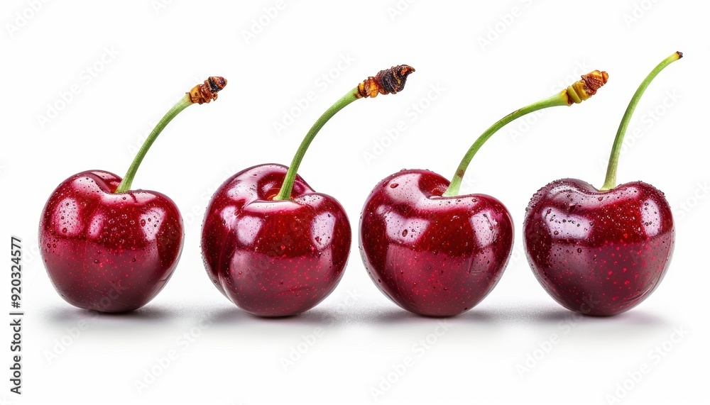 Fresh cherries with droplets displayed on a plain background Fresh cherries with droplets displayed on a plain background