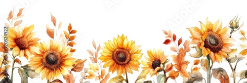 Watercolor painting of sunflowers with brown leaves isolated on white background.
