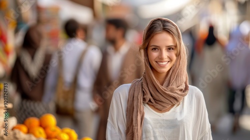 Wallpaper Mural Vibrant Multicultural Street Scene with Friendly Smiling Woman in Traditional Headscarf Torontodigital.ca