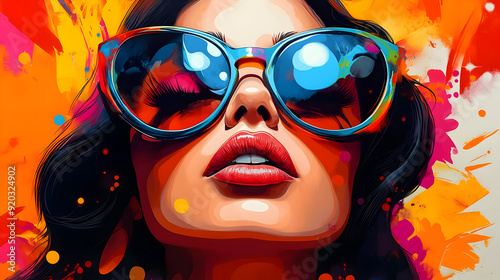 A vibrant illustration of a woman wearing sunglasses, with colorful splashes in the background.