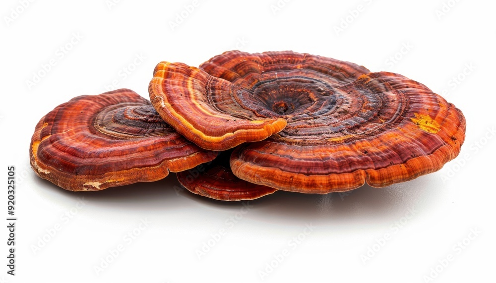 Colorful Reishi mushrooms on a white background showcase their unique shape and texture Colorful Reishi mushrooms on a white background showcase their unique shape and texture