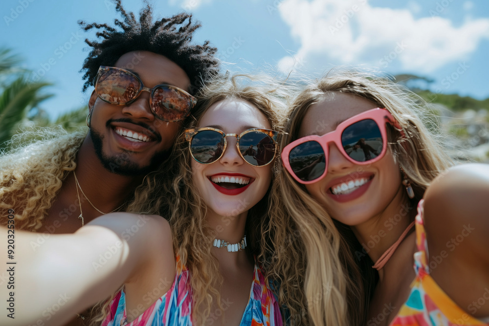 group of people wearing sunglasses and smiling for a photo. Scene is happy and fun group of people wearing sunglasses and smiling for a photo. Scene is happy and fun