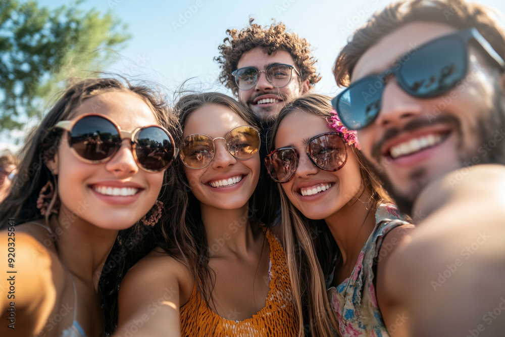 group of people wearing sunglasses and smiling for a photo. Scene is happy and fun group of people wearing sunglasses and smiling for a photo. Scene is happy and fun