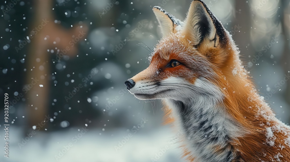 Obraz premium A close-up shot of a fox in a snowy forest, side view, where the contrast between the fur and snow is emphasized.