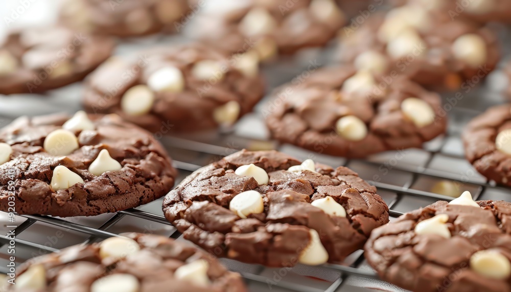 Freshly baked chocolate cookies cooling on a wire rack in a cozy kitchen Freshly baked chocolate cookies cooling on a wire rack in a cozy kitchen