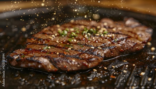 Grilled steak with seasoning on a hot plate served in a rustic restaurant setting