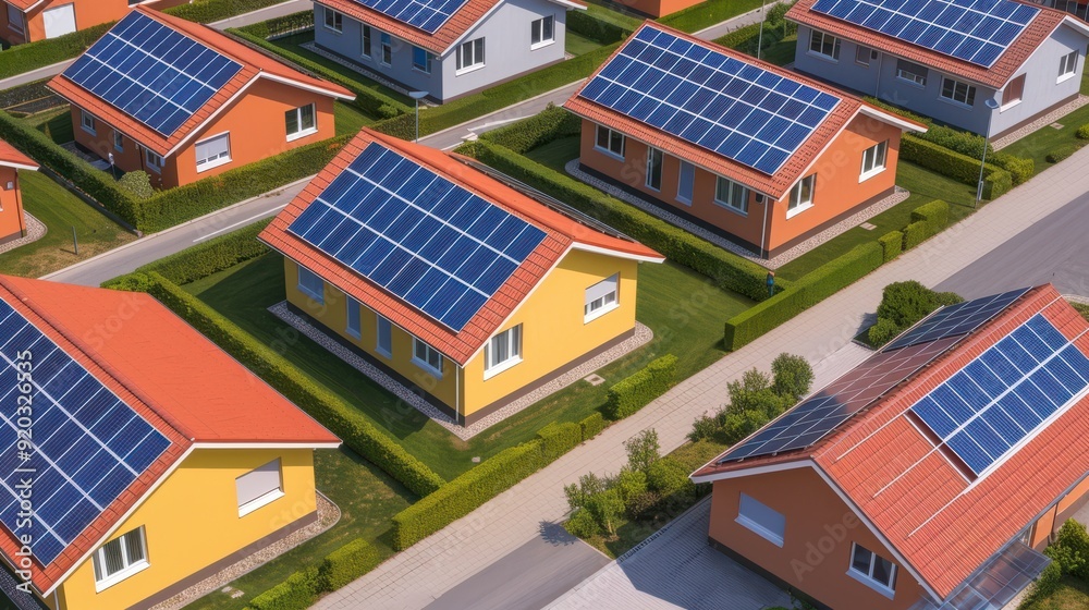Aerial view of colorful houses with solar panels, showcasing eco-friendly living and sustainable energy solutions.