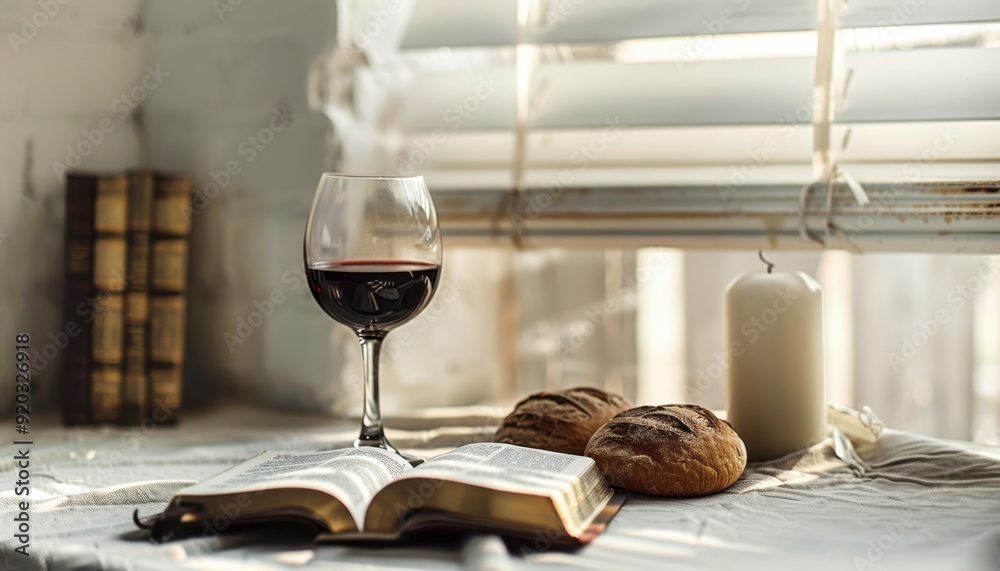 Relaxing afternoon with a glass of red wine, bread, candle, and open book by the window Relaxing afternoon with a glass of red wine, bread, candle, and open book by the window