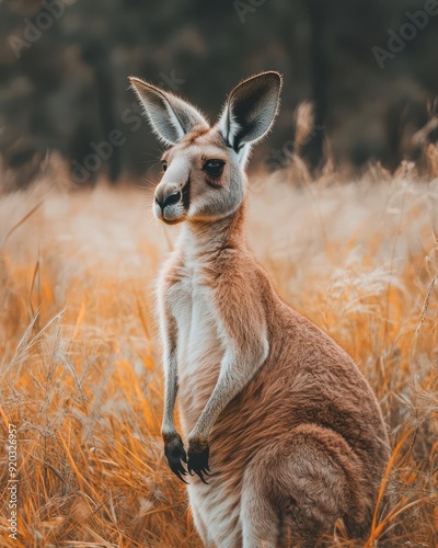 A close-up shot of a kangaroo in a grassy field, side view, with a soft-focus effect on the background foliage. photo