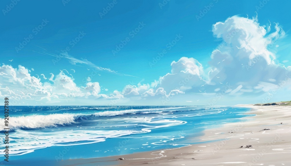 Tranquil beach landscape with vibrant blue ocean and fluffy clouds on a sunny day Tranquil beach landscape with vibrant blue ocean and fluffy clouds on a sunny day