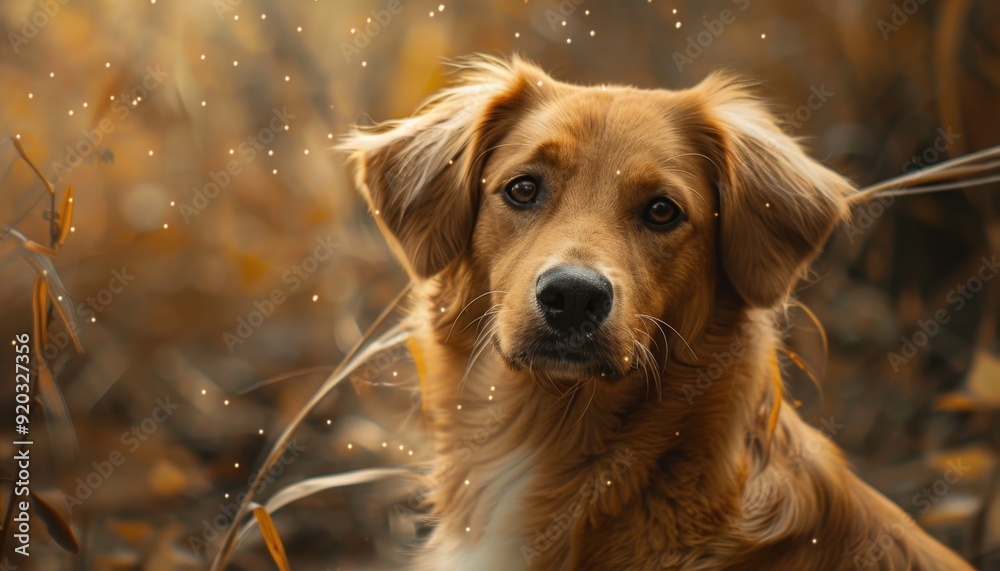 Golden retriever puppy in a sunlit autumn field surrounded by fallen leaves Golden retriever puppy in a sunlit autumn field surrounded by fallen leaves