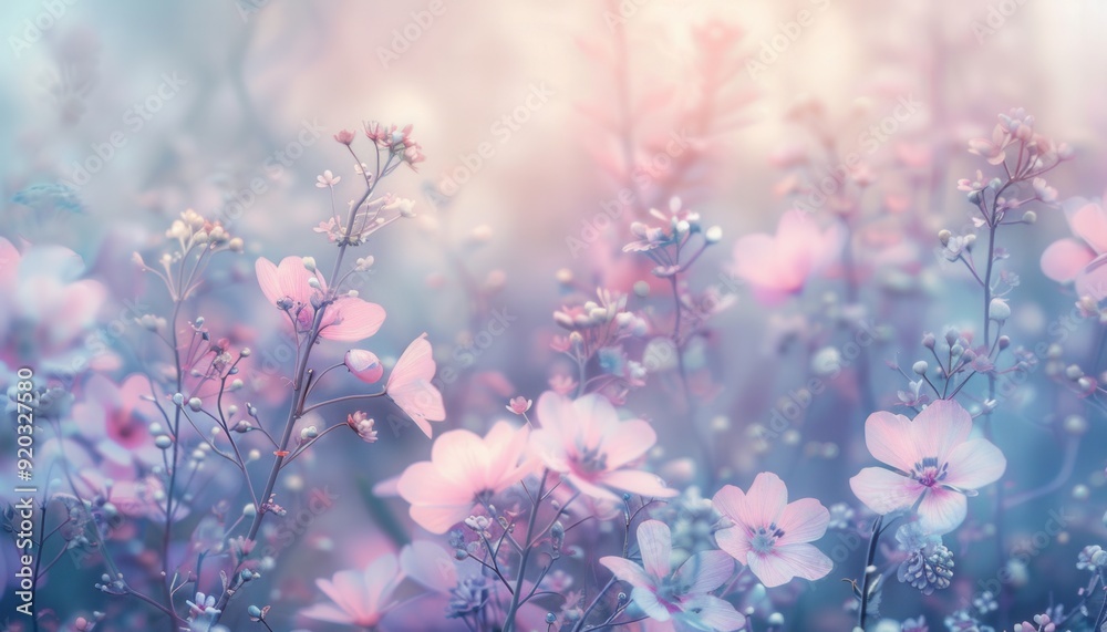 Delicate wildflowers bloom in a soft, pastel landscape during a serene spring morning