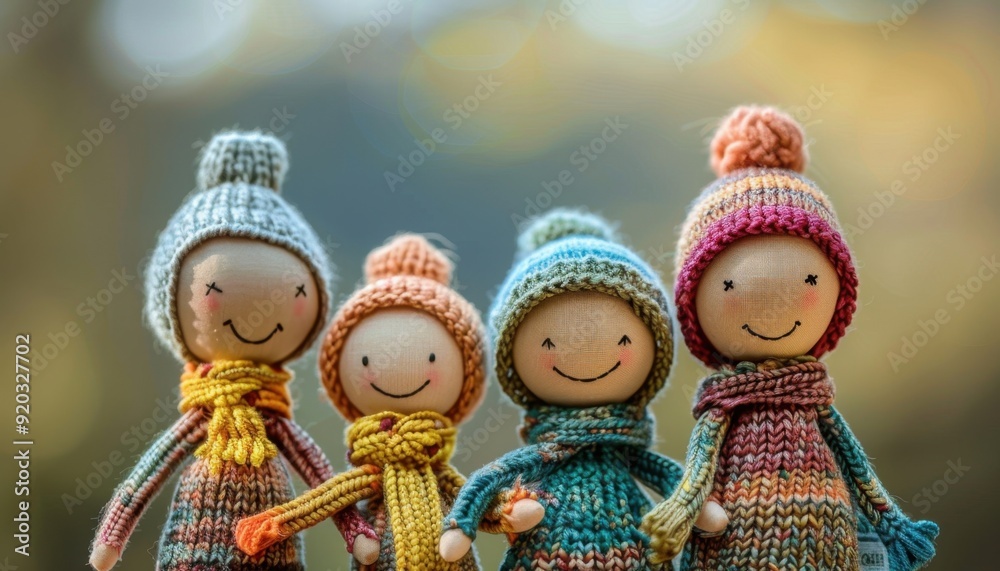 Colorful handmade dolls with knitted hats and scarves in a natural setting during autumn Colorful handmade dolls with knitted hats and scarves in a natural setting during autumn