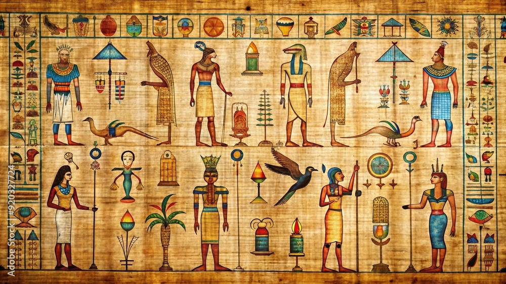 Papyrus background with Egyptian hieroglyphics and symbols, papyrus ...