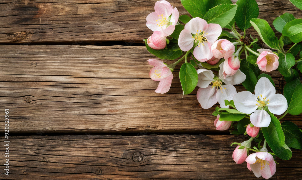 Spring apple blossoms flowering branch on wooden background with copy space Spring apple blossoms flowering branch on wooden background with copy space