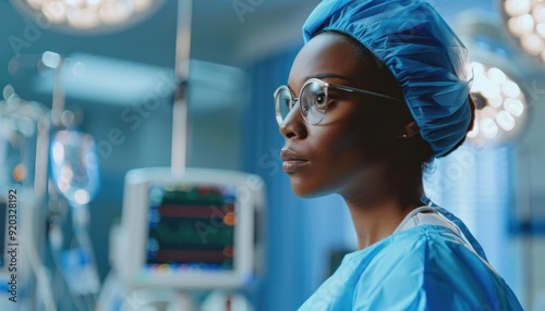 Medical professional in surgical attire in a hospital setting during a procedure photo