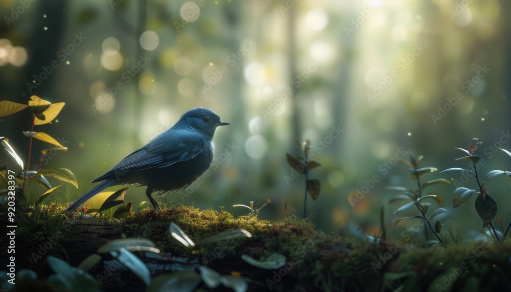 Blue bird perched on mossy log in sunlit forest during early morning Blue bird perched on mossy log in sunlit forest during early morning