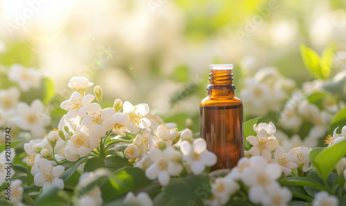 Glass bottle with essential oil among the jasmin blossoms