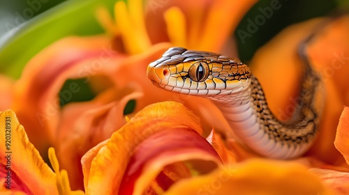 Snake on a Flower: A small, colorful snake resting on a bright, blooming flower. 