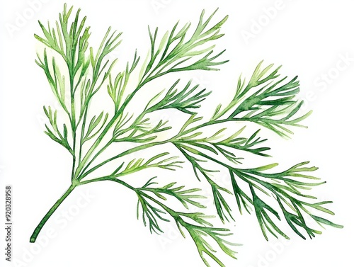 Watercolor Illustration of a Dill Leaf on White Background, Ideal for Food or Herbalism Related Designs Generative AI