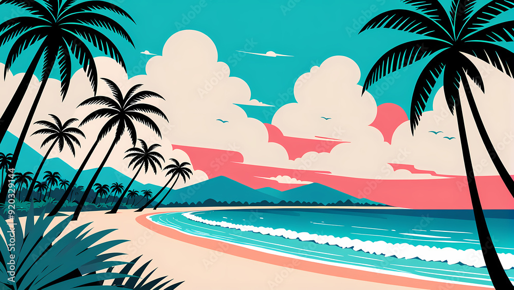 Vector vibrant tropical beach with palm trees Anime clean style Background design Vector vibrant tropical beach with palm trees Anime clean style Background design