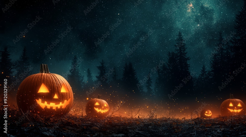 Naklejka premium Spooky Halloween scene with glowing jack-o'-lanterns in a dark forest under a starry night sky.