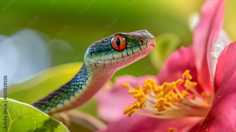 Snake on a Flower: A small, colorful snake resting on a bright, blooming flower.
