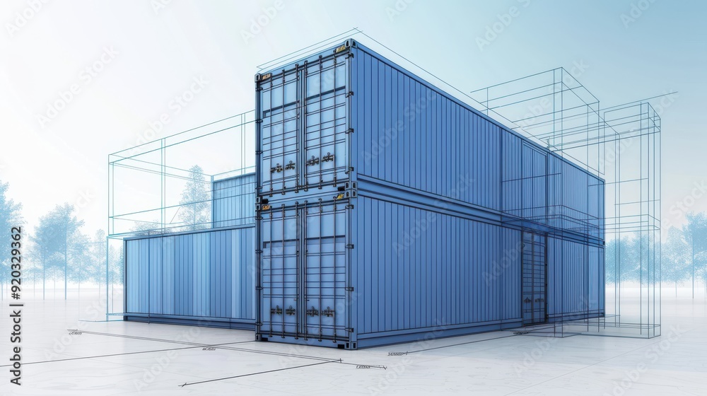 Stylish blueprint of a blue shipping container with a modern design and clear lines, set in an open space. Stylish blueprint of a blue shipping container with a modern design and clear lines, set in an open space.