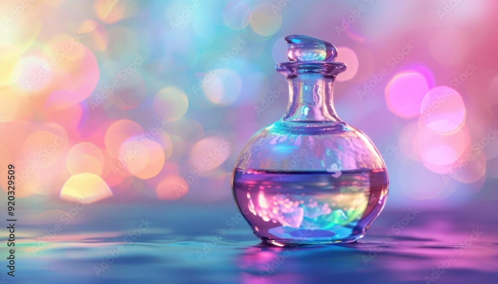 Colorful glass perfume bottle with shimmering background at a serene twilight setting