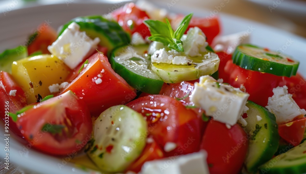 Fresh salad with tomatoes, cucumbers, and feta cheese on a restaurant table Fresh salad with tomatoes, cucumbers, and feta cheese on a restaurant table
