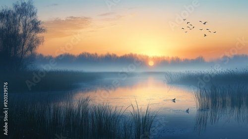 Misty Sunrise Over a Still Lake