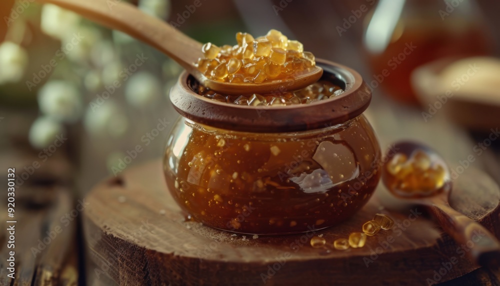 Homemade honey jam with golden beads displayed in a rustic wooden setting Homemade honey jam with golden beads displayed in a rustic wooden setting