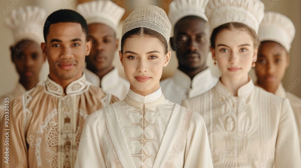 Traditional Attire of Diverse Cultural Backgrounds Showcased in Decorated Hall Traditional Attire of Diverse Cultural Backgrounds Showcased in Decorated Hall