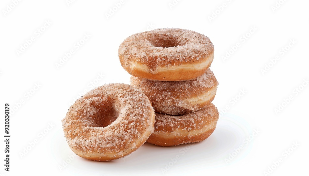 Freshly made cinnamon sugar donuts stacked on a clean white surface Freshly made cinnamon sugar donuts stacked on a clean white surface