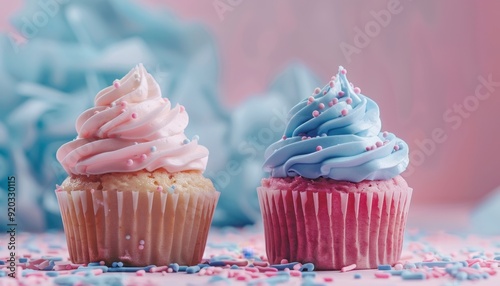 Pink and blue cupcakes with sprinkles on a pastel background at a dessert party