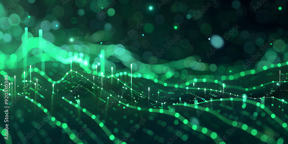 Business Success Graphs Stats Data on Green Screen, A green digital abstract background with a green digital circuit board. 
