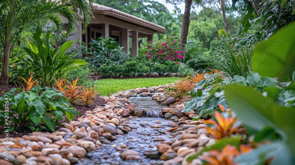 A stunning tropical garden with vibrant plants, a stone-lined stream flowing beside lush greenery, and a modern house patio, showcasing nature and tranquility in harmony. A stunning tropical garden with vibrant plants, a stone-lined stream flowing beside lush greenery, and a modern house patio, showcasing nature and tranquility in harmony.