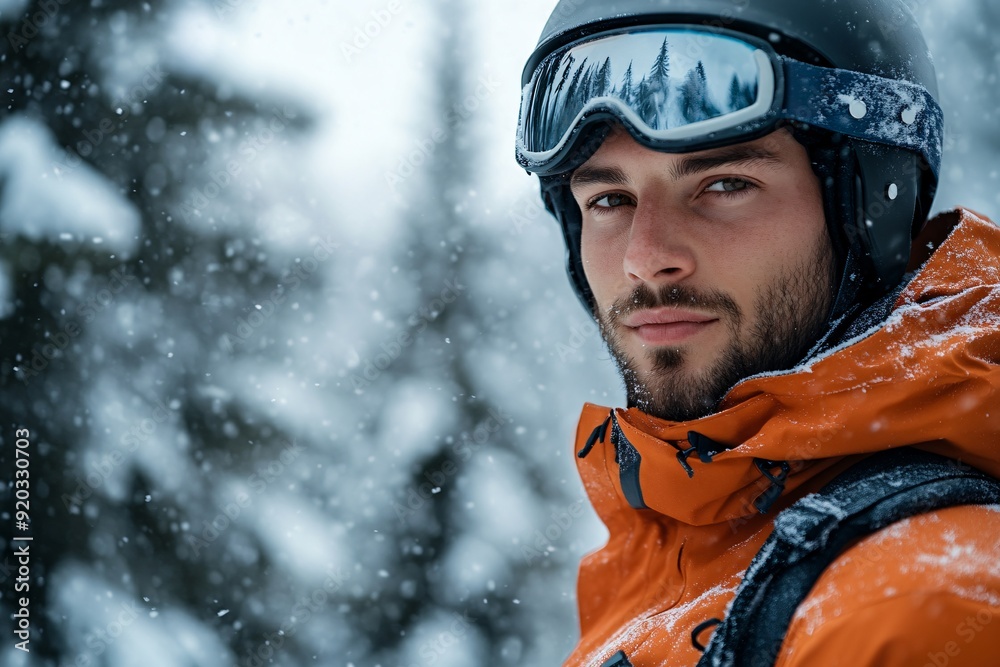 A young man wearing a bright orange jacket and ski goggles stands confidently in a snowy forest, surrounded by falling snowflakes, ready for a day of skiing