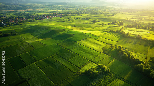 Aerial view of green farmland fields in countryside. Wallpaper background photo for product advertisement, tourism.