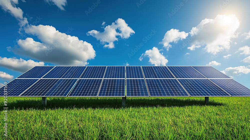 Solar panel under the sunlight in the hills with green fields. Solar panel under the sunlight in the hills with green fields.