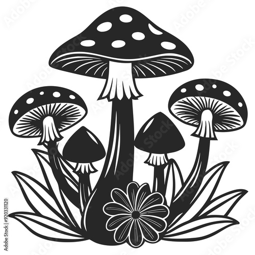 Group of mushrooms with flowers silhouette vector illustration on a white background