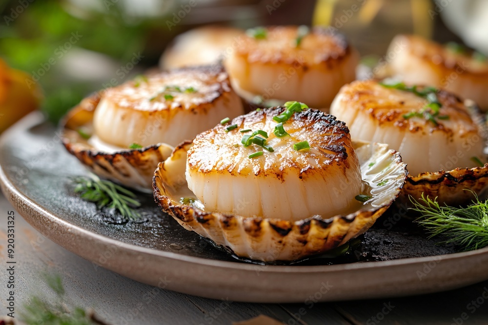 A delightful arrangement of grilled scallops, garnished with fresh herbs, presented on a rustic plate at an outdoor gathering, highlighting the essence of fine dining A delightful arrangement of grilled scallops, garnished with fresh herbs, presented on a rustic plate at an outdoor gathering, highlighting the essence of fine dining